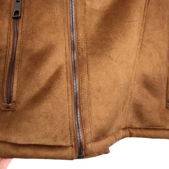 Zara Faux Sherpa & Leather Oversized Brown Bomber Jacket Coat Size Medium - Picture 6 of 9